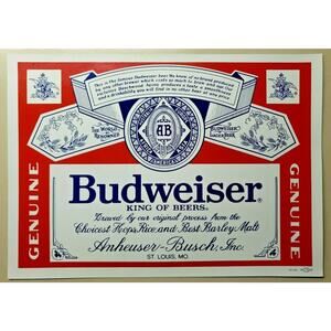 Vintage‎ Genuine Budweiser Sticker Anheuser Busch Beer 13" x 9 5/16" Unsued